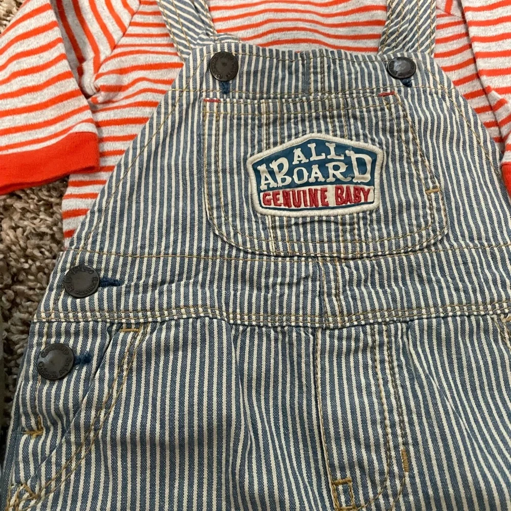 OshKosh B'gosh Blue & White Striped Overalls and 2 Shirts 1 plaid lg sleeves 9 M